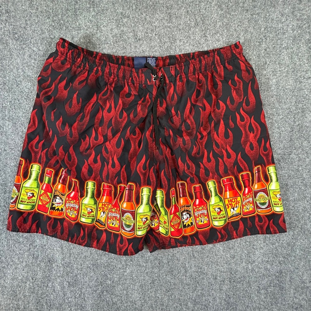 Big Dogs Mens 3X Swim Trunks Red Flames Hot Sauce Bottle Mesh Lined Black